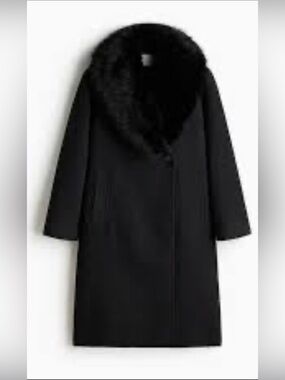 NWT H&M Black Faux Fur Collar Oversized Mid-Length Coat XXL (2XL)